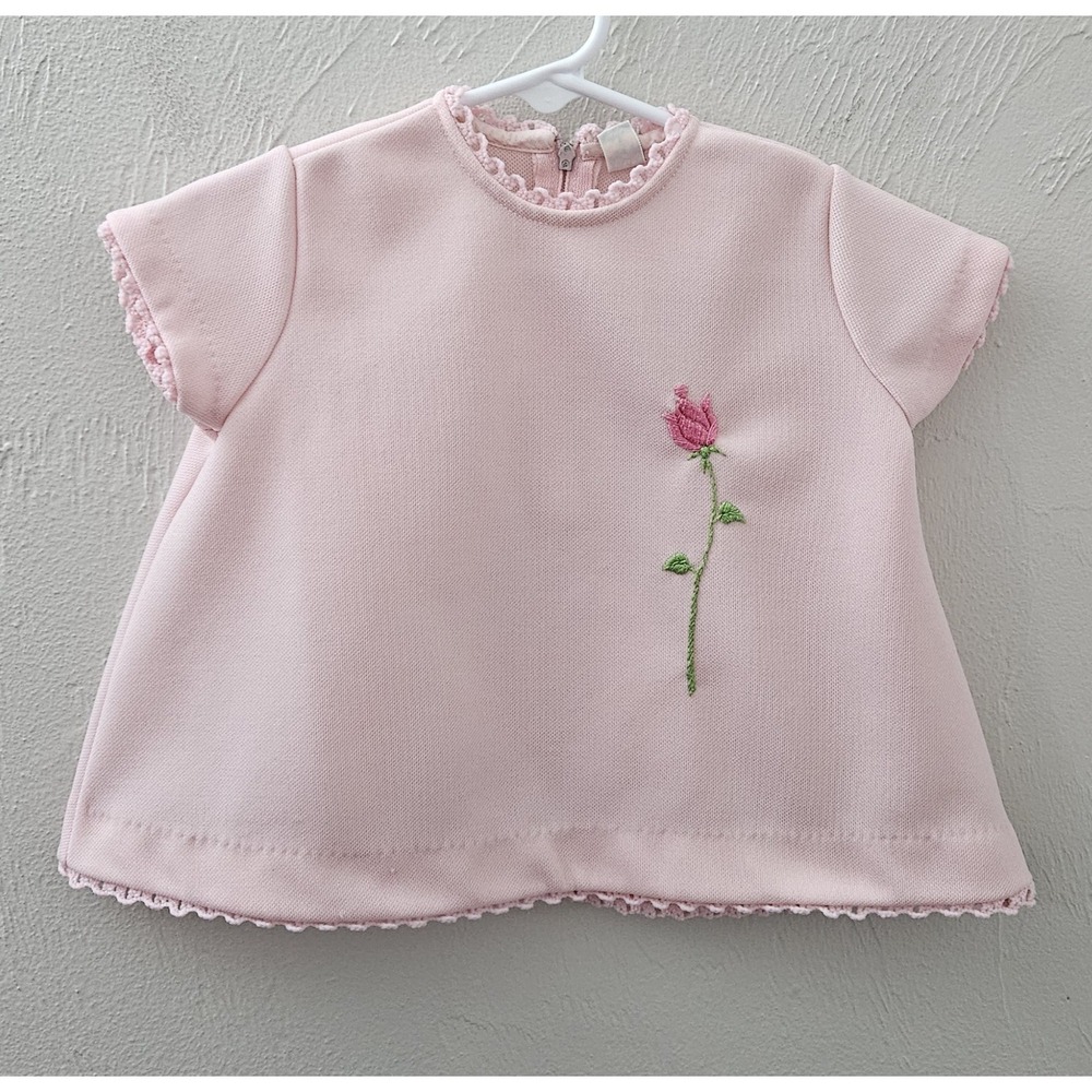 Vintage Carter's Baby Girl Pink Dress Size 12 Months Embroidered Flower Trim Zip